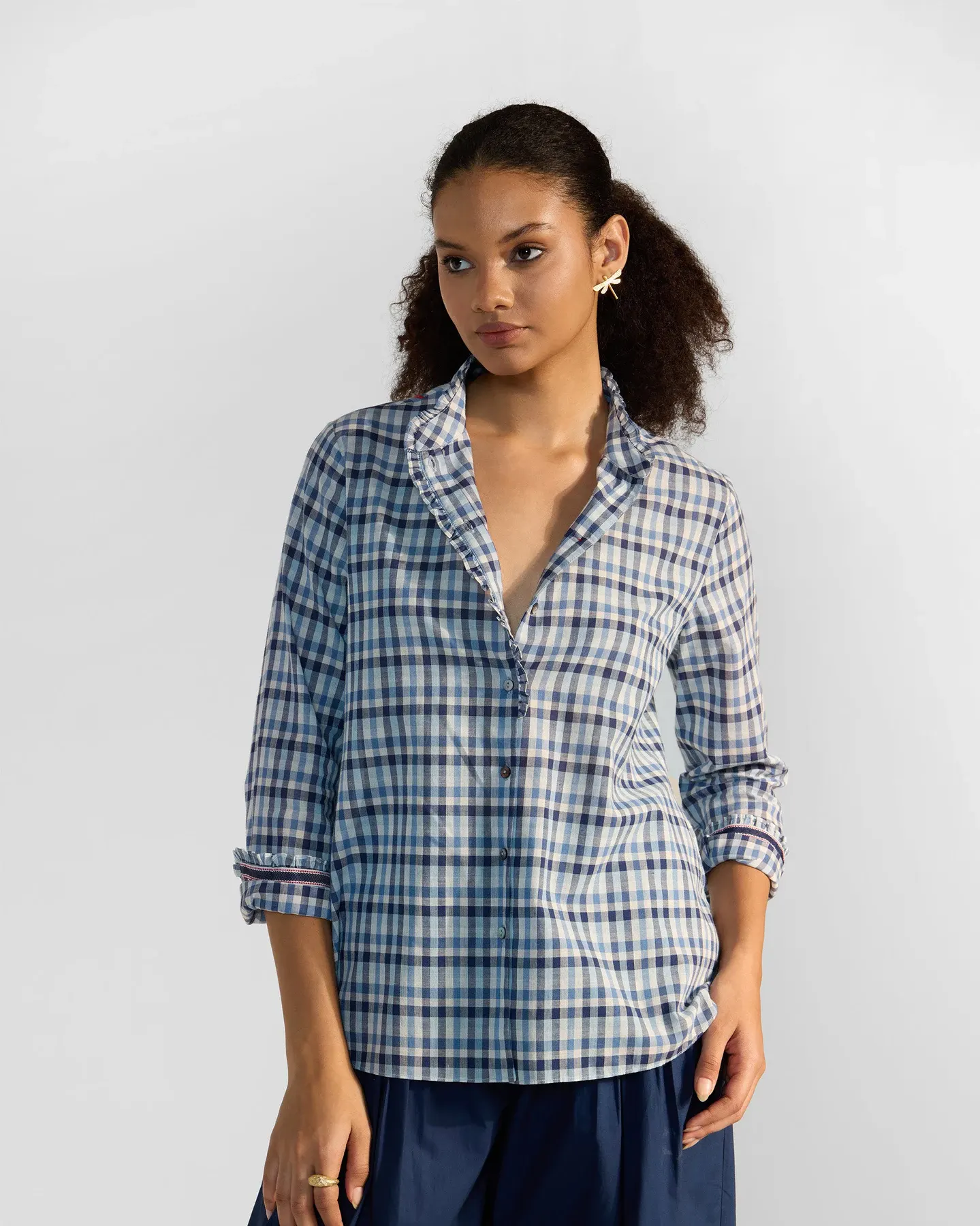 Ruffle-Placket Check Shirt in Indigo Check