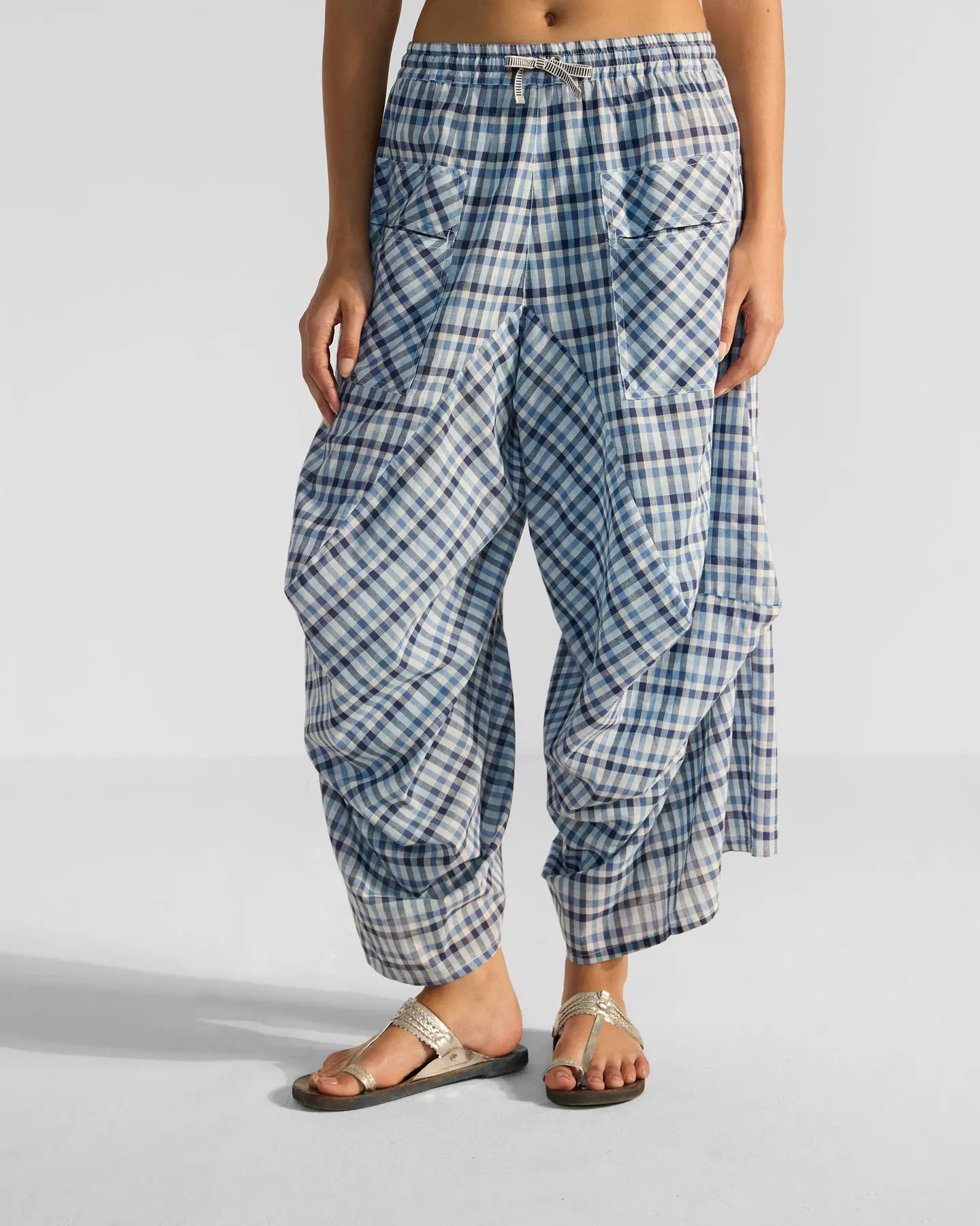Draped Check Trouser in Indigo Check