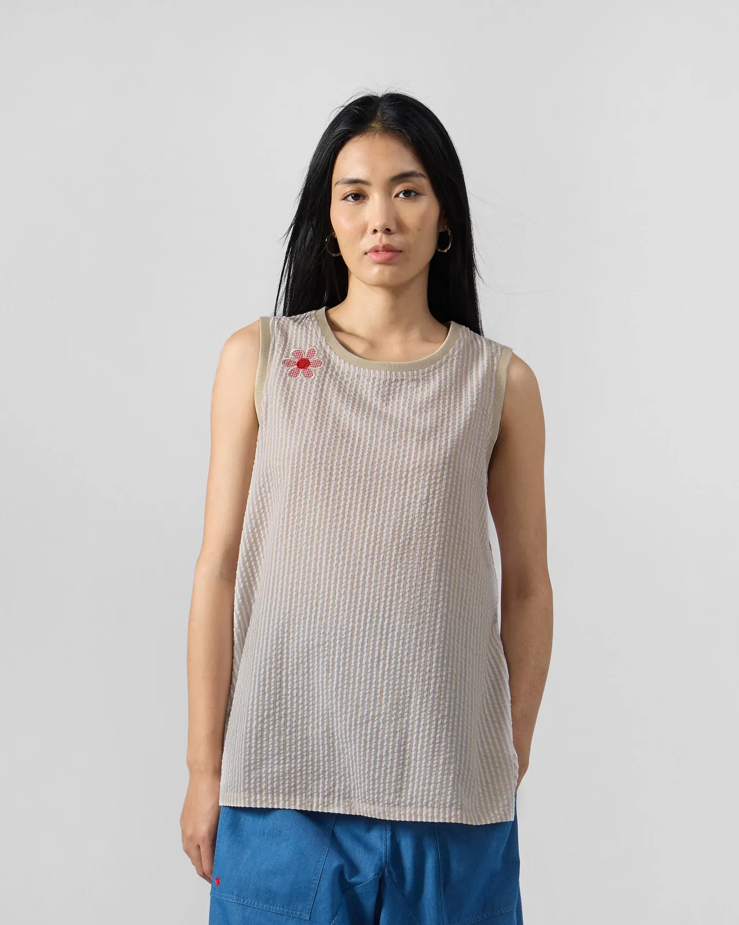Sleeveless Seersucker Top in Oat Stripe