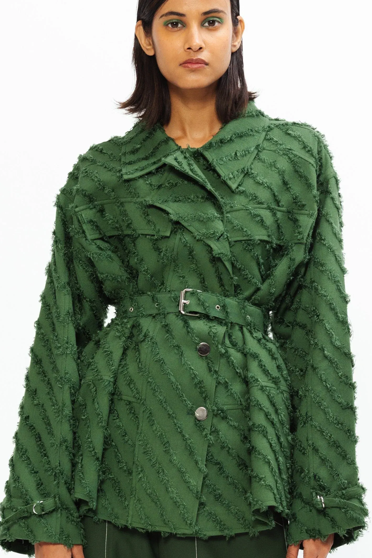 Frayed Belted Overshirt in Hunter Green