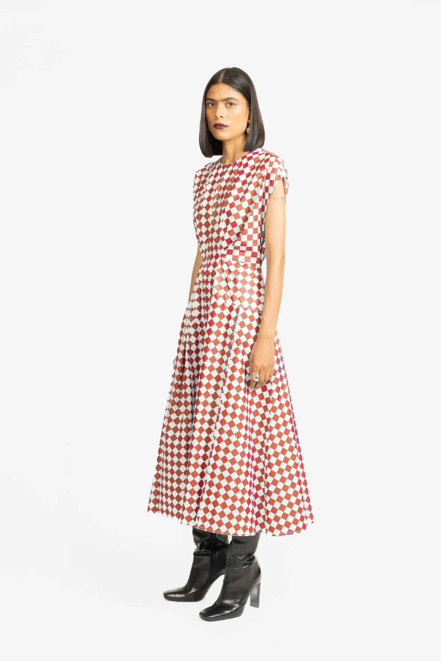 Diamond Check Midi Dress in Rust Diamond