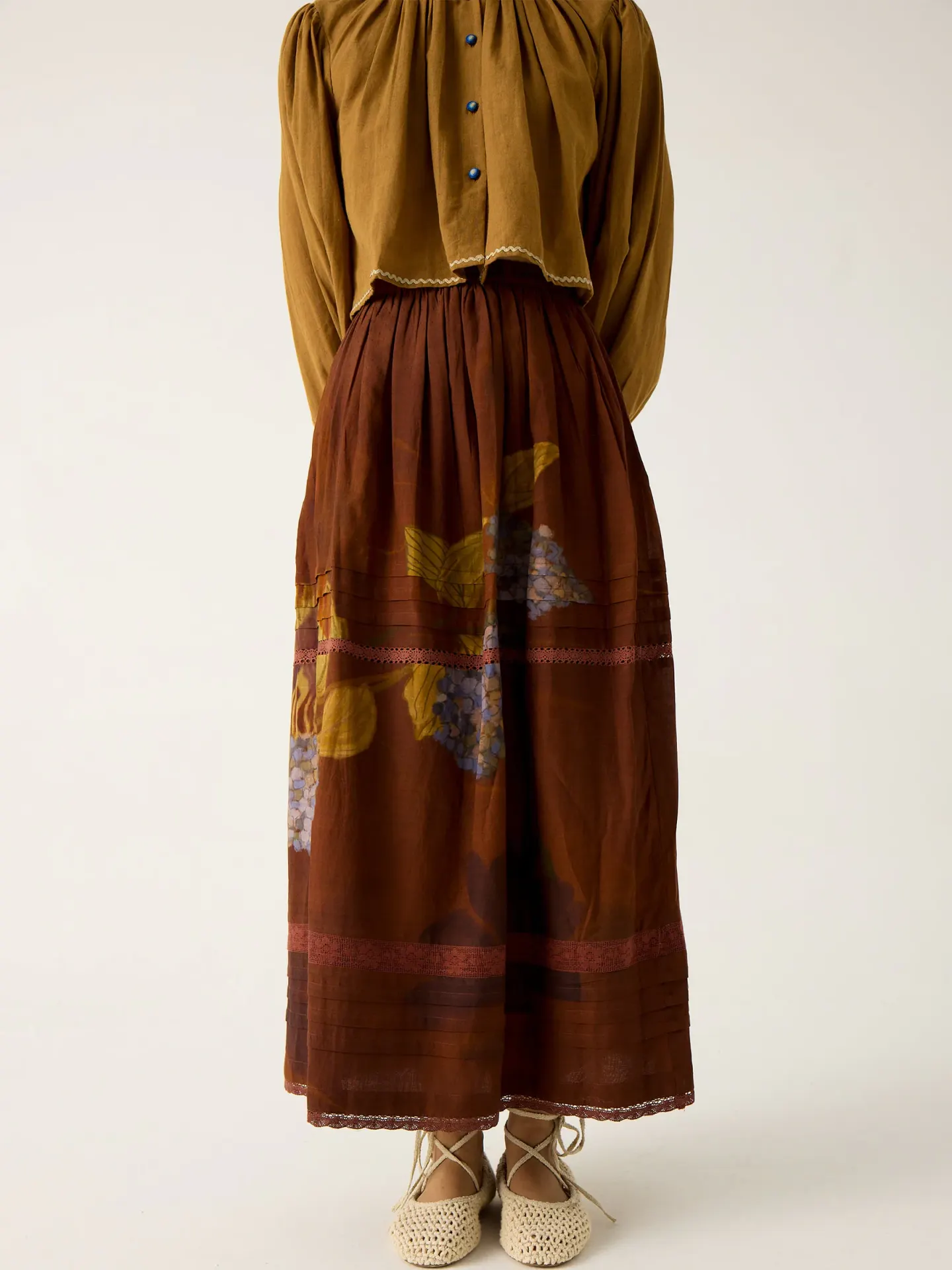 Printed Tiered Maxi Skirt in Oxide Brown
