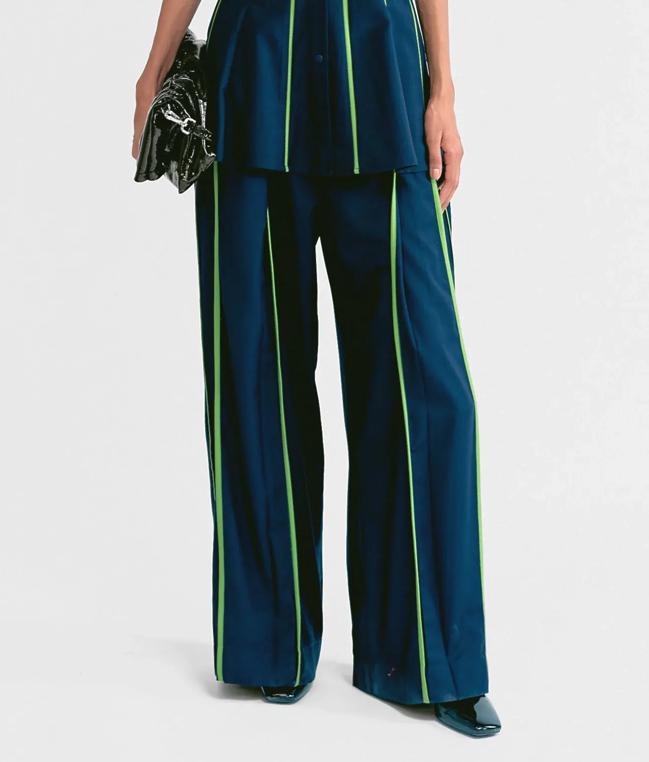 Piped Wide Trouser in Navy and Lime